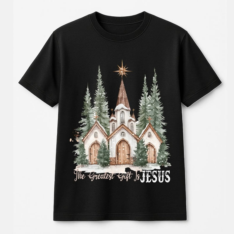 Watercolor Snowy Church T-Shirt, The Greatest Present Is Jesus T-Shirt, Religious Christian Shirt, Faith Christmas T-Shirt, Winter Holiday Present