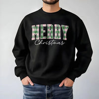 Green Buffalo Plaid Holiday Sweater, Merry Christmas Sweatshirt, Vintage Xmas Lettering Crewneck, Family Winter Pullover