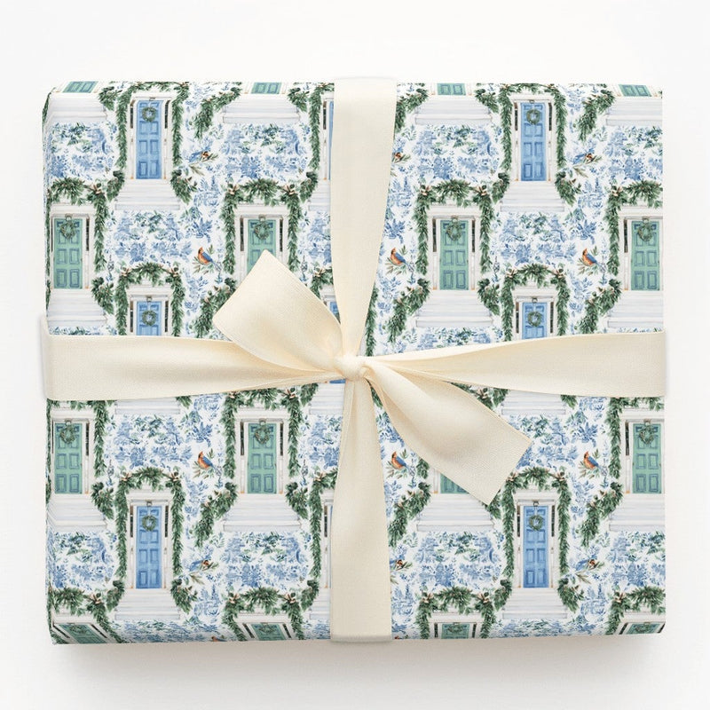 Holiday Front Door Gift Wrap, Blue Toile Christmas Wrapping Paper, Winter Wreath Festive Wrapping Paper, Elegant Xmas Gift Wrapping Paper