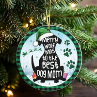 Green Plaid Dog Silhouette Ceramic Ornament, Merry Woof Mas Dog Mom Christmas Ornament, Pet Holiday Tree Ornament, Xmas Dog Lover Present
