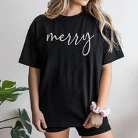 Cursive Script Holiday Typography Tee, Minimalist Merry Christmas T-Shirt, Adorable Simple Christmas Shirt, Winter Festive Outfit Present