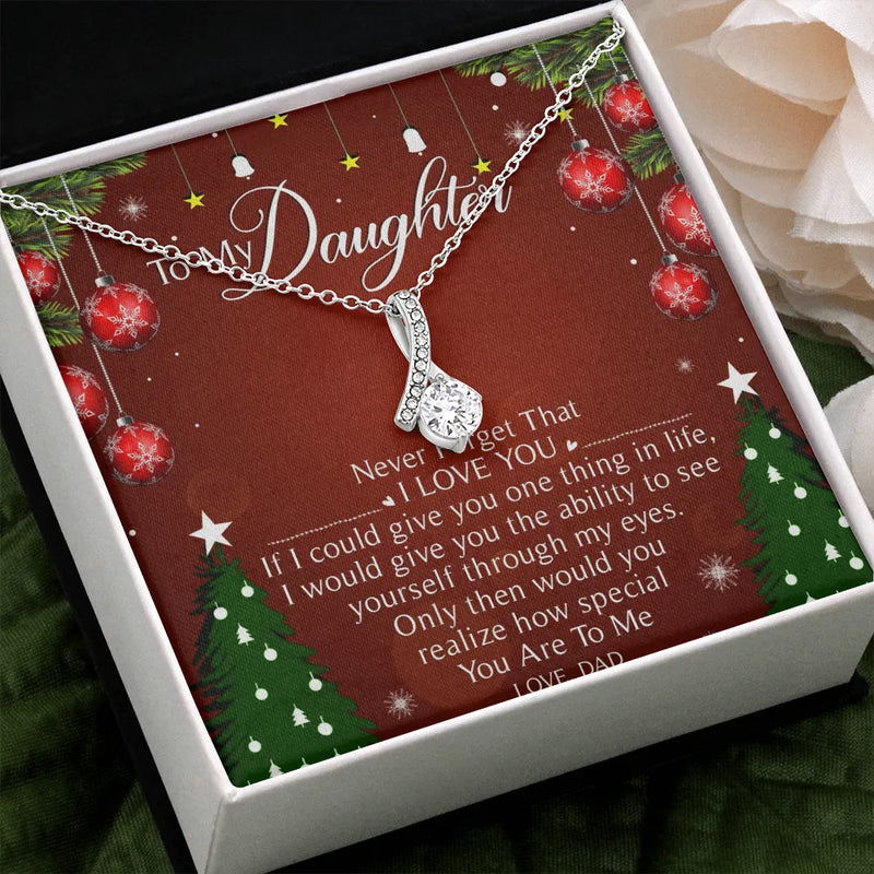 Cubic Zirconia Ribbon Pendant, To My Daughter Ribbon Necklace, Christmas Holiday Jewelry, Xmas Present for Daughter from Dad