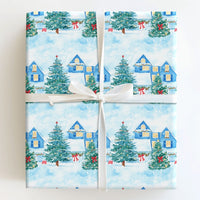 Watercolor Winter Gift Wrap, Snowy Village Wrapping Paper, Christmas Village Wrapping Paper Roll, Holiday Landscape Festive Present Paper