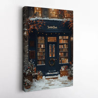 Snowy Winter Shop Canvas Print, Christmas Bookstore Canvas Wall Art, Comfy Holiday Bookshop Wall Decor, Festive Winter Canvas, Bookish Present