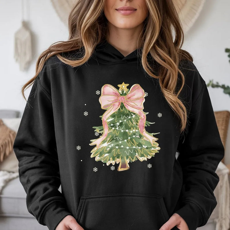 Pink Bow Aesthetic Hoodie, Coquette Christmas Tree Hoodie, Adorable Girly Xmas Tree Hoodie, Pastel Holiday Pullover, Winter Present for Her