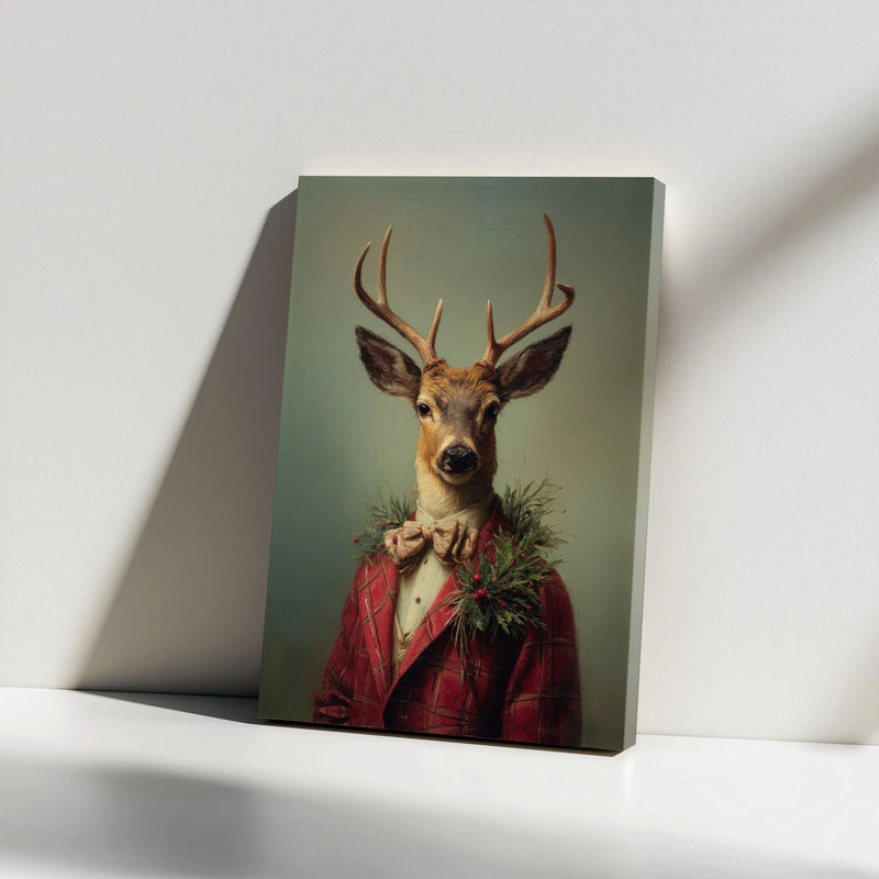 Vintage Christmas Buck Portrait Print, Dapper Deer Red Plaid Suit Canvas Wall Art, Rustic Holiday Lodge Decor, Winter Cabin Present