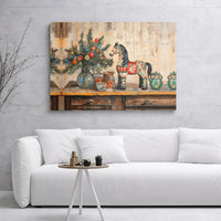 Vintage Folk Art Holiday Canvas Wall Art, Dala Horse Christmas Canvas Print, Scandinavian Seasonal Canvas, Winter Still Life Wall Art Present
