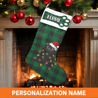 Green Plaid Cat Holiday Stocking, Personalized Black Cat Christmas Stocking, Custom Pet Christmas Stocking, Velboa Kitten Xmas Stocking