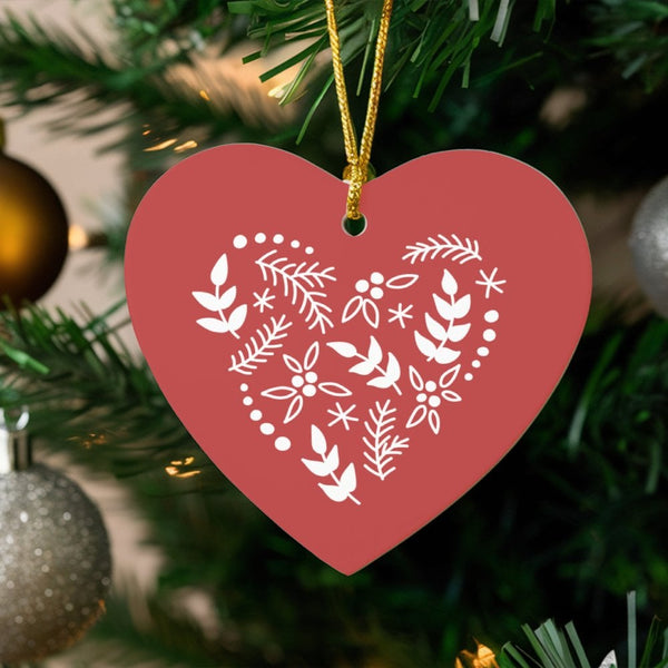 Scandi Red Floral Heart Ornament, Folk Art Botanical Heart Ornament, Ceramic Valentine Christmas Heart Ornament, Romantic Hol