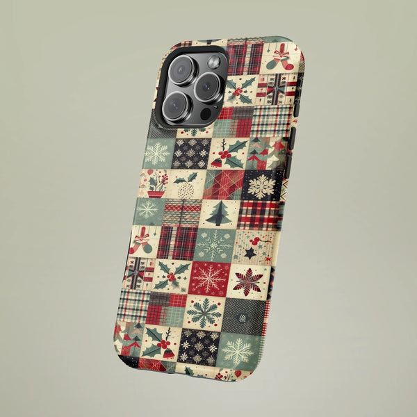 Holiday Plaid Snowflake iPhone Case, Christmas Patchwork Phone Case, Festive Holly Berry Phone Cover, Vintage Quilt Pattern H