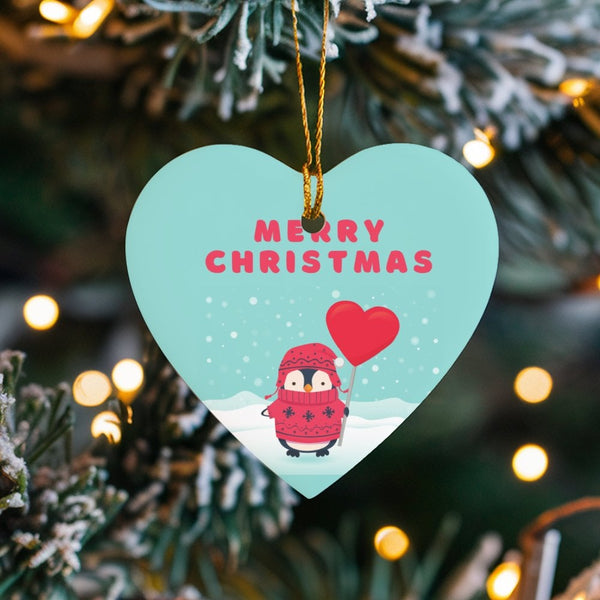 Merry Christmas Ceramic Ornament, Penguin Balloon Heart Ornament, Adorable Holiday Animal Keepsake Ornament, Festive Winter D
