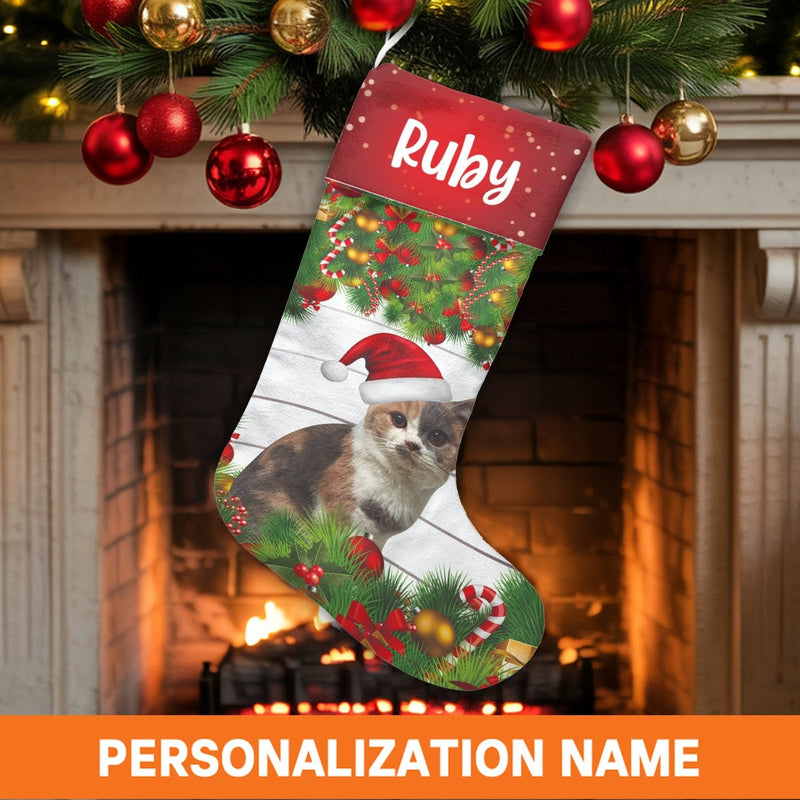 Custom Name Pet Holiday Stocking, Personalized Cat Christmas Stocking, Adorable Kitty Christmas Stocking, Pet Lover Fireplace Mantel Decor Present