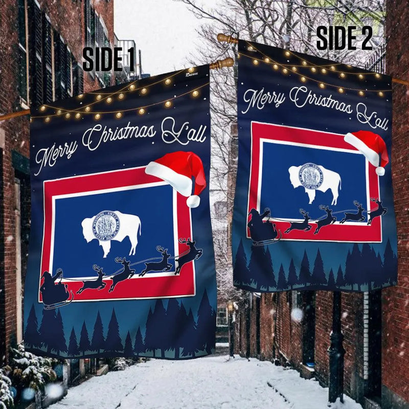 Merry Christmas Yall Yard Flag, Wyoming State Flag Christmas Garden Flag, Double-Sided Wyoming Holiday Flag, Rustic Lawn Banner Decor