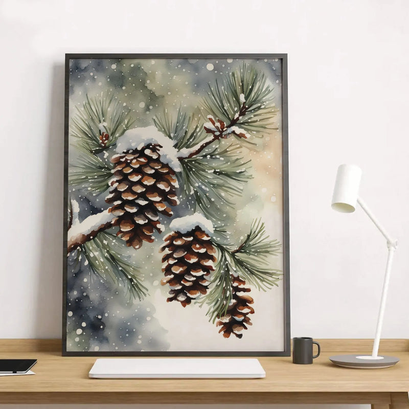 Watercolor Snowy Pine Branch Poster, Winter Pinecone Wall Art, Rustic Holiday Botanical Print, Christmas Evergreen Home Decor