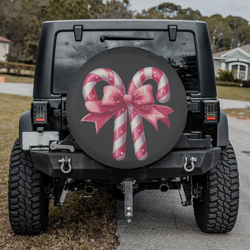 Pink Holiday Bow Tire Cover, Candy Cane Christmas Spare Tire Cover, Festive Xmas Wheel Cover, Waterproof RV Tire Cover, SUV Present