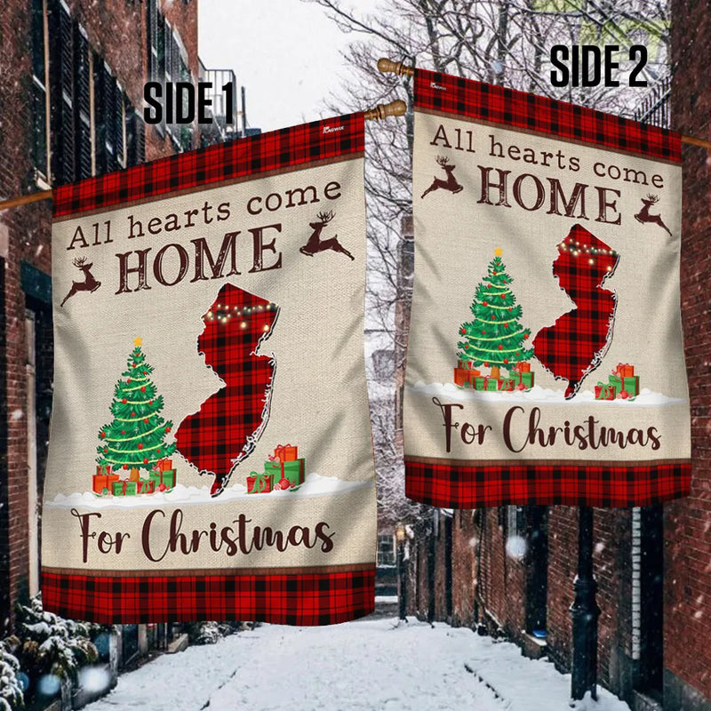 All Hearts Come Home for Christmas Flag, New Jersey Christmas Garden Flag, Buffalo Plaid State Yard Banner, Holiday Home Decor Present