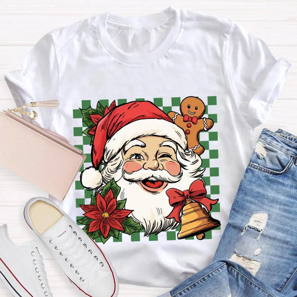 Retro Holiday Graphic Tee, Checkerboard Santa Gingerbread Man Christmas T-Shirt, Adorable Xmas Cookie Shirt, Festive Top