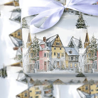 Quaint Holiday Town Gift Wrap, Watercolor Snowy European Village Wrapping Paper, Comfy Christmas Present Wrap, Festive Winter Present Paper Roll