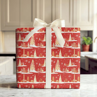 Red Gold Christmas Gift Wrap, Retro Winter Cityscape Wrapping Paper, Holiday City Scene Wrapping Paper, Festive Present Gift Wrap Roll