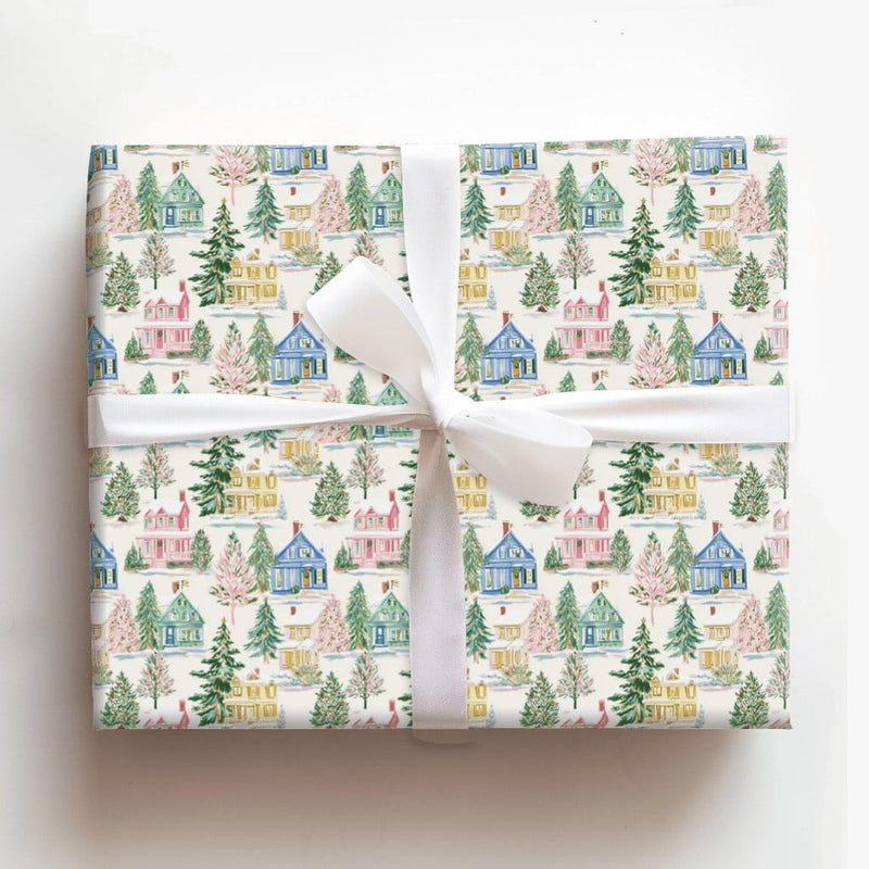 Winter Village Holiday Gift Wrap, Watercolor Christmas Wrapping Paper, Festive Xmas Gift Wrap Paper, Seasonal Present Wrapping Paper