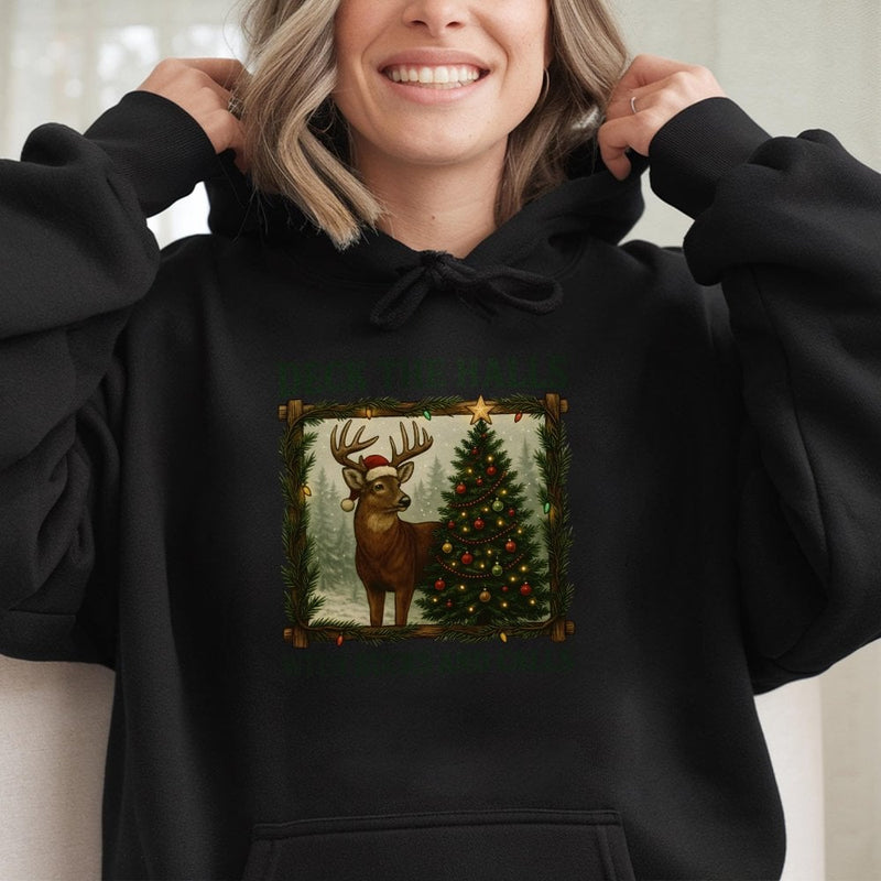 Humorous Hunting Christmas Sweatshirt, Deck the Halls Deer Hoodie, Buck Hunter Hooded Pullover, Outdoorsman Holiday Sweater, Hunter Xmas Present