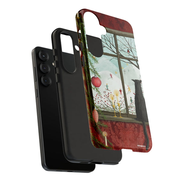 Holiday Black Cat Phone Cover for Samsung Galaxy, Christmas Window Cat Phone Case, Comfy Winter Scene Protective Case, Festiv