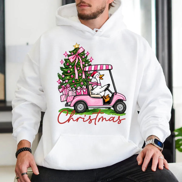 Humorous Christmas Goose Hoodie, Christmas Golf Cart Goose Hoodie, Retro Pink Christmas Tree Hoodie, Golf Cart Holiday Sweats