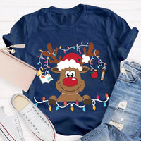 Festive Lights Elk Shirt, Christmas Elk T-Shirt, Holiday Reindeer Tee, Adorable Winter Graphic Tee, Xmas Holiday Apparel Present