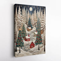 Papercraft Winter Forest Landscape, Snowy Christmas Village Canvas Wall Art, Holiday Season Home Decor, Digital Download Print