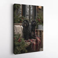 Holiday Doodle Dog Wall Art, Black Doodle Dogs Christmas Porch Canvas, Festive Plaid Farmhouse Canvas Print