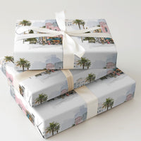 Tropical Palm Tree Gift Wrap, Coastal Christmas Wrapping Paper, Watercolor Cityscape Wrapping Paper, Warm Holiday Season Wrapping Paper