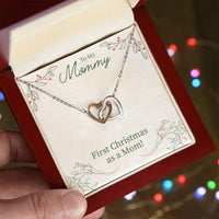 Cubic Zirconia Heart Pendant, First Christmas as A Mom Interlocking Hearts Necklace, Surgical Steel Holiday Keepsake Jewelry for New Mom