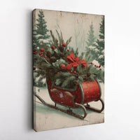 Rustic Red Sled Holiday Canvas Print, Vintage Christmas Sleigh Canvas Wall Art, Winter Pine Wall Decor, Festive Xmas Canvas Art