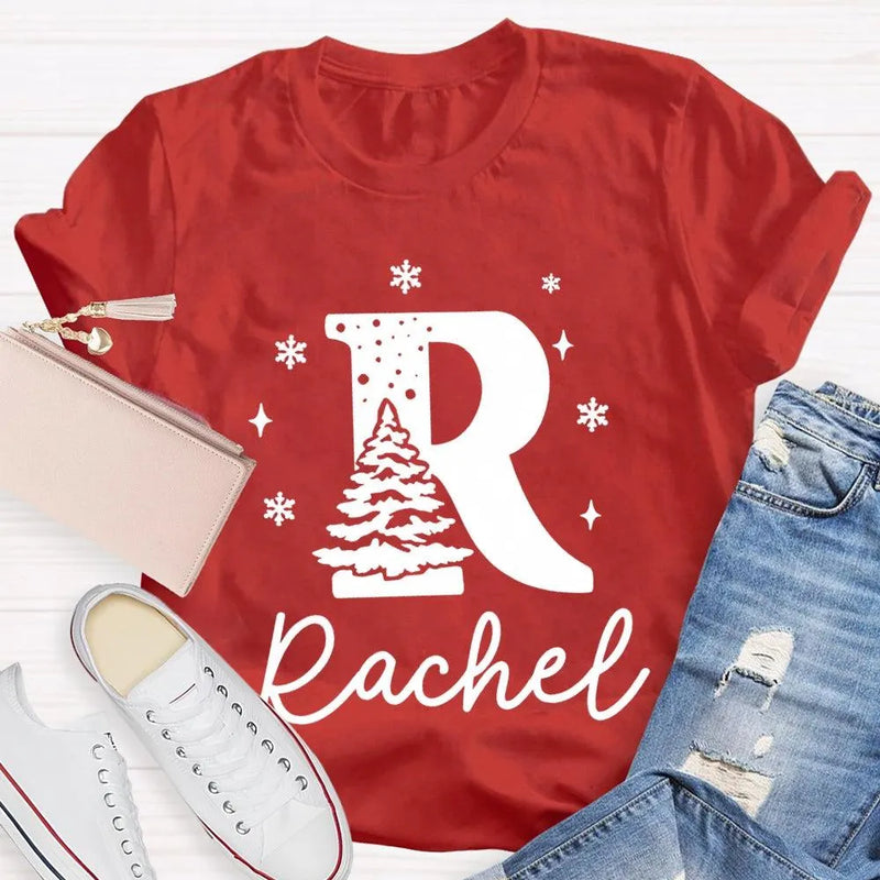 Custom Name Snowflakes Graphic Tee, Personalized Christmas Tree T-Shirt, Family Matching Christmas Shirt, Custom Holiday Tree Present