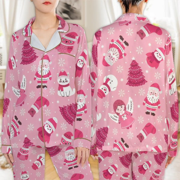 Adorable Santa Animal Holiday Pajamas, Pink Christmas Satin Pajamas Set, Girly Xmas Sleepwear Set, Festive Satin Loungewear P