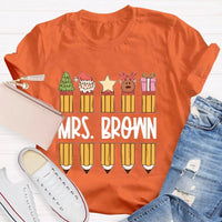 Custom Name Holiday Graphic Tee, Personalized Christmas Pencil Shirt, Adorable Teacher Christmas T-Shirt, Back to School Xmas Season Present