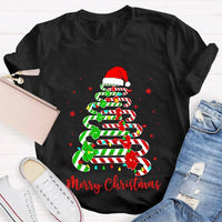 Festive Merry Tree Graphic Tee, Christmas Candy Tree T-Shirt, Holiday Candy Cane Christmas Shirt, Adorable Winter Apparel, Christmas Present