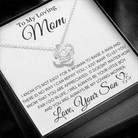 Son to Mother Message Jewelry, Love Knot Necklace for Mom, 14k White Gold Over Stainless Steel Pendant, Birthday Christmas Present