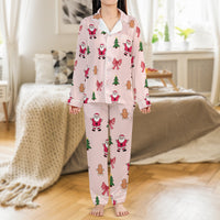 Gingerbread Satin Holiday Pajamas, Christmas Santa Pajama Set, Silky Christmas Sleepwear, Long Sleeve Loungewear Present for Women