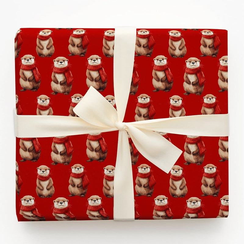 Adorable Animal Christmas Wrapping Paper, Red Scarf Otter Wrapping Paper, Festive Holiday Otter Gift Wrap, Animal Lover Present Wrapping Roll