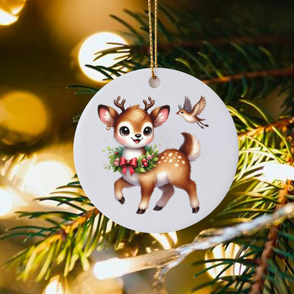 Adorable Fawn with Wreath Ornament, Baby Deer Christmas Ornament, Woodland Bird Ceramic Ornament, Rustic Holiday Tree Decor, 