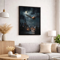 Snowy Christmas Village Canvas Wall Art, Santa Sleigh Canvas Print, Winter Night Holiday Canvas Decor, Festive Xmas Eve Wall Artwork