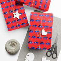 Blue Car with Tree Gift Wrap, Christmas Car Wrapping Paper, Vintage Holiday Car Wrapping Paper, Winter Present Wrap, Car Lover Gift Wrap