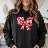 Red Striped Ribbon Sweatshirt, Christmas Bow Hoodie, Adorable Holiday Bow Hooded Pullover, Festive Christmas Graphic Hoodie, Xmas Present