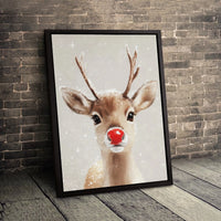 Adorable Winter Animal Portrait Canvas Print, Red Nosed Reindeer Christmas Holiday Canvas Wall Art, Festive Xmas Deer Canvas Art, Home Decor