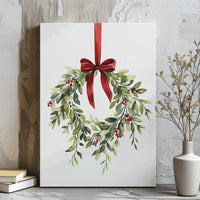 Red Bow Holly Berry Canvas Print, Watercolor Christmas Wreath Canvas Wall Art, Farmhouse Holiday Wall Decor, Winter Season Christmas Canvas