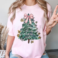 Coquette Christmas Tree Shirt, Oh Come Let Us Adore Him T-Shirt, Christian Faith Holiday Graphic Tee, Religious Christmas Season Shirt