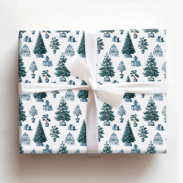 Blue and White Holiday Gift Wrap, Chinoiserie Christmas Wrapping Paper, Porcelain Style Tree Wrapping Paper, Elegant Winter G