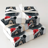 Woodland Animal Gift Wrap, Santa Hat Black Bear Christmas Wrapping Paper, Rustic Bear Holiday Wrapping Paper, Festive Winter Wildlife Paper