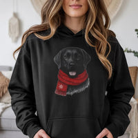 Adorable Dog Red Scarf Hoodie, Black Labrador Christmas Hoodie, Festive Pet Lover Sweatshirt, Black Lab Hooded Sweatshirt, Winter Dog Mom Present